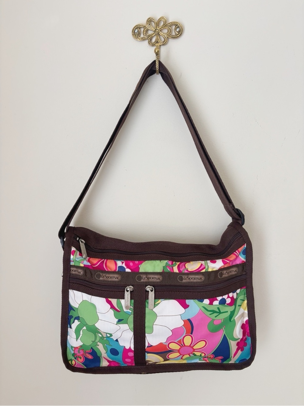 Le Sportsac Brown Floral Deluxe Everyday Crossbody Bag 9.75" x 14"